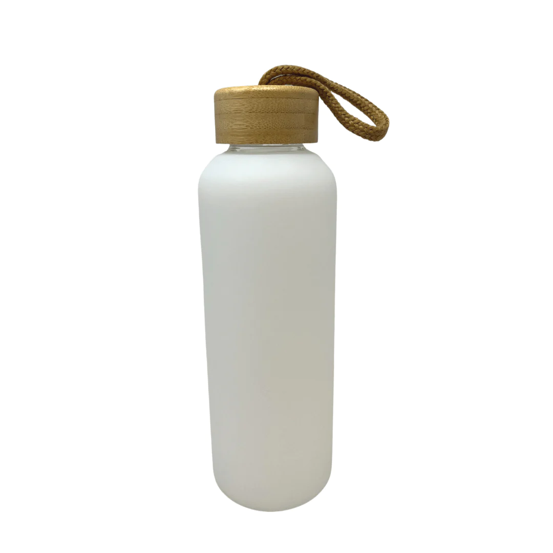 Botella de vidrio blanco con tapa de bambú 20oz